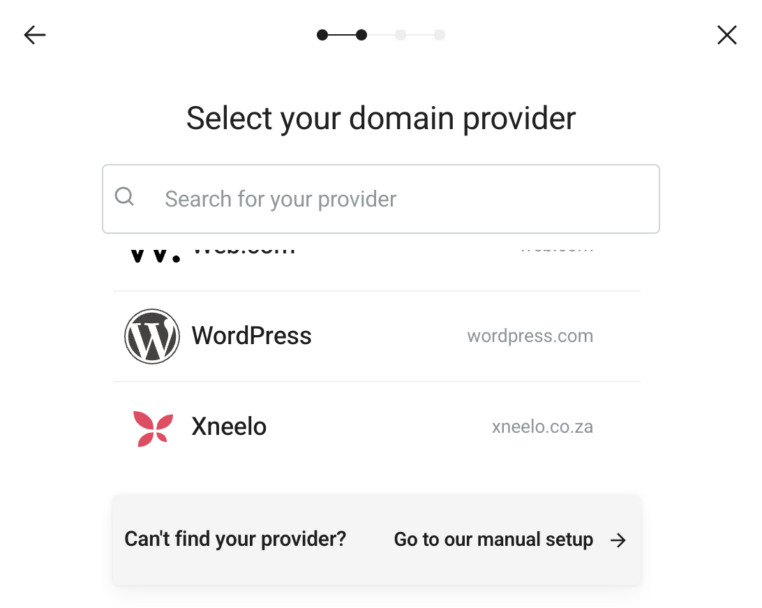 Screenshot of the domains page in the WP Engine User Portal showing the popup to select your domain provider manually while connecting with Entri.